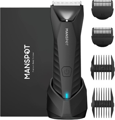 Picture of MANSPOT Manscape Body & Groin Hair Trimmer for Men, Electric Pubic Trimmer | Replaceable Ceramic Blade Heads, IPX7 Waterproof for Wet/Dry Use, Led Display, Standing Recharge Dock, 90 Minutes Shaving Global Recycled Standard