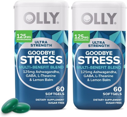 Picture of OLLY Ultra Strength Goodbye Stress Softgels Twin Pack, GABA, Ashwagandha, L-Theanine and Lemon Balm, Stress Relief Supplement - 120 Count