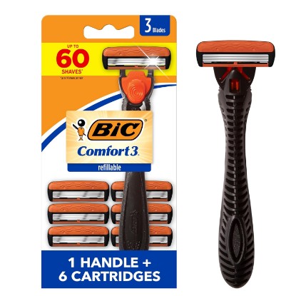 Picture of BIC Comfort 3 Refillable Razor Set, 1 Handle and 6 Cartridges for Men | 7 Piece Set for Ultimate Grooming | Enhanced Lubricating Strip with Aloe Vera | 30° Pivoting Head for Contour Adaptation