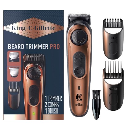 Picture of King C. Gillette Beard Trimmer PRO with 40 beard length settings in precise 0.5mm steps, cordless design & 1 trimmer, 1 brush, 2 combs, 1 charger and 1 T-blade
