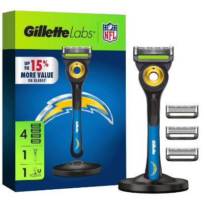 Picture of Gillette Labs Official Chargers Licensed Razor for Men, 1 Handle, 4 Blade Refills, with Magnetic Stand, Perfect for Game Day Grooming, Gillette Labs with Exfoliating Bar