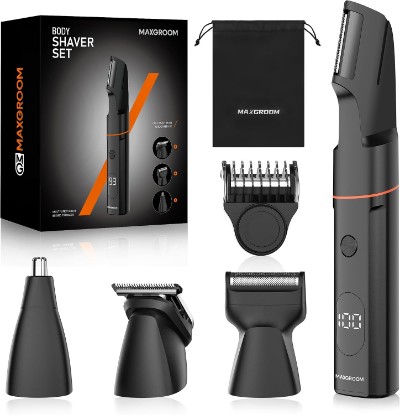 Picture of MAXGROOM Manscape Body Hair Trimmer for Men, Waterproof Pubic, Groin & Ball Shaver, No-Nick Mens Electric Grooming Kit with LED Display, USB Rechargeable, Adjustable Guide Comb ClimeCo Certified