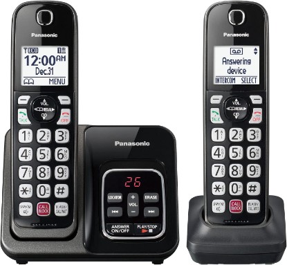 Picture of Panasonic Cordless Phone with Answering Machine, Advanced Call Block, Bilingual Caller ID and High-Contrast Display, Expandable System with 2 Handset Cordless Telephones - KX-TGD832M (Metallic Black)