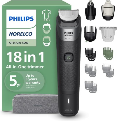 Picture of Norelco Philips All-in-One 5000 18-in-1 Trimmer, Face, Hair & Body, Black | Beard Styler, Nose, Detail & Body Trimmer, Hair Clipper, Ti Blades, T-Blade, 16 lengths, 3-Hr Runtime, Showerproof, MG5970/49 GreenCircle Certified: Certified Environmental Facts Label