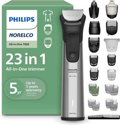 Picture of Norelco Philips All-in-One 7000 23-in-1 Trimmer, Face, Hair & Body, Steel | Beard Styler, Nose, Detail & Body Trimmer, Hair Clipper, Ti Blades, T-Blade, 26 lengths, 5-Hr Runtime, Showerproof, MG7970/49 GreenCircle Certified: Certified Environmental Facts Label