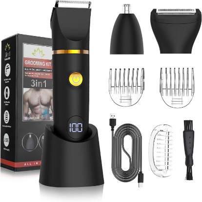 Picture of QREEYX Manscape Body Trimmer for Men, 3 in 1 Men's Grooming Kit with Pubic/Nose Hair Trimmer & Ball Shaver for Nose/Balls/Groin/Legs/Chest Hair Removal, LED Display, IPX6 Waterproof, Gifts for Him Dad