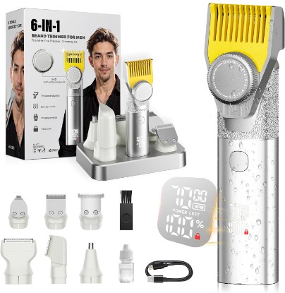 Picture of Beard Trimmer for Men, 6-in-1 Men's Grooming Kit,IPX7 Waterproof Wet/Dry, 2-Speed electric razor for men, Easy-Swap Magnetic Heads, LED Display, 20-Length Dial, 4.5-hour battery life,USB-C,Gunmetal