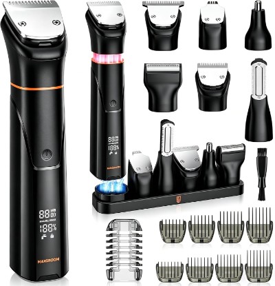 Picture of MAXGROOM 6 in 1 Beard Trimmer for Men, Waterproof Cordless Electric Razor Shaver, Men's Grooming Kit for Mustache, Hair, Face, Nose and Body, USB Recharge Dock - Black ClimeCo Certified