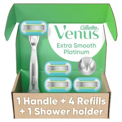 Picture of Gillette Venus Razor for Women, Extra Smooth, Includes 1 Reusable Razor Handle + 4 count 5-Bladed Razor Refills, Women's Razor with Durable Metal Handle and Shower Holder