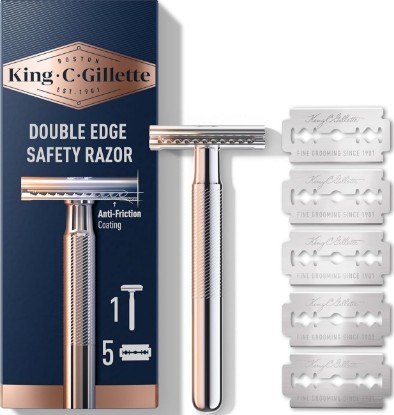 Picture of King C. Gillette Safety Razor with Chrome Plated Handle and 5 Platinum Coated Double Edge Safety Razor Blade Refills