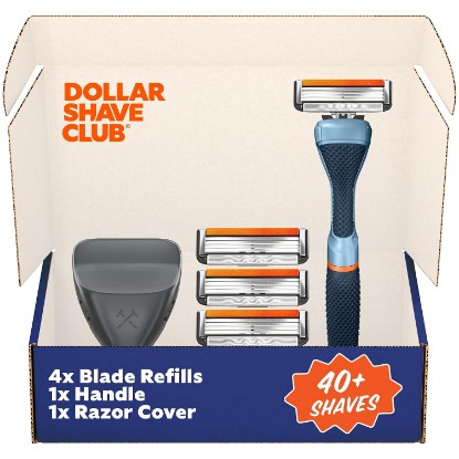 Picture of Dollar Shave Club Travel Shave Set (Blue) | 4 Blade Travel Razor Kit | Travel Razor Set, One Travel Cover and 4 Razor Replacements, 4 Blade, Blue Handle, For Sensitive Skin, Razors for Men