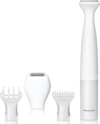 Picture of Panasonic Bikini Trimmer for Women and Shaver for Women with 4 Attachments for Fast Gentle Personal Grooming in Intimate Areas, Wet/Dry Electric Razor, Battery-Operated – ES-WV62-H (White/Silver)