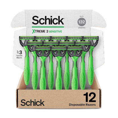 Picture of Schick Xtreme 3 Sensitive 3-Blade Disposable Razors for Men, 12 ct | Flexible 3-blade mens razors, Designed for sensitive skin, Contours to facial curves, Ergonomic non-slip handle