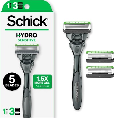Picture of Schick Hydro Sensitive 5-Blade Razors for Men, 1 Handle & 3 Refills | 5-blade mens razors for shaving, 7 hydrating gel pools, Protective guards for sensitive skin, Flip-back precision edging tool
