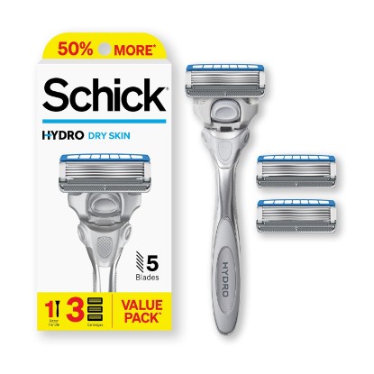 Picture of Schick Hydro Advanced Hydration 5-Blade Razors for Men, 1 Handle, 3 Refills | 5-blade mens razors for shaving, 7 gel pools for 2-hour moisture, Protective skin guards, Flip-back precision edging tool