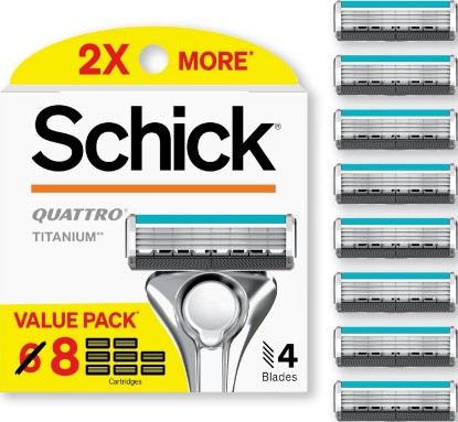 Picture of Schick Quattro Titanium 4-Blade Razors for Men Refills, 8 ct | Titanium-coated razor blades refills, Smooth-gliding lubricating strip, Pivoting head contours face, Precision edging tool