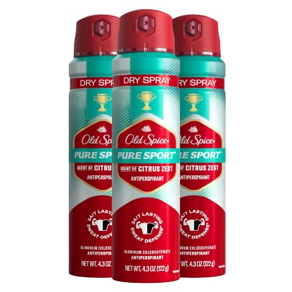 Picture of Old Spice Men's Antiperspirant & Deodorant Invisible Dry Spray Pure Sport Plus 24/7 Odor Protection, 4.3oz (Pack of 3)