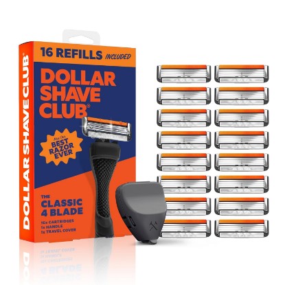 Picture of Dollar Shave Club Bulk Shave Set | Bulk Supply, 16 Razor Refills + Handle | Long Lasting Razor Supply, 16 Replacement Heads with a Handle and a Cover, 4 Blade, Black Handle, Shave Set for Men