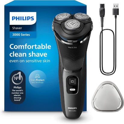 Picture of Philips Shaver for Men Series 3000 Rechargeable Wet/Dry Mens Electric Shavers Electric Razor for Men- Modern Steel Metallic