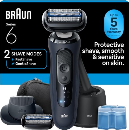 Picture of Braun Series 6 Electric Shaver for Men, Wet & Dry Foil Razor, 4-in-1 SmartCare Clean & Charge Center, Precision Trimmer Attachment, Replacement Shaver Head, Travel Case, Dark Blue 6177ps