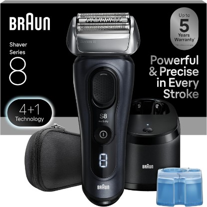 Picture of Braun Series 8 Electric Shaver for Men, Wet & Dry Foil Razor, 5-in-1 SmartCare Clean & Charge Center, Built-in Precision ProTrimmer, Travel Case, Dark Blue 8560cc GreenCircle Certified: Certified Energy Savings