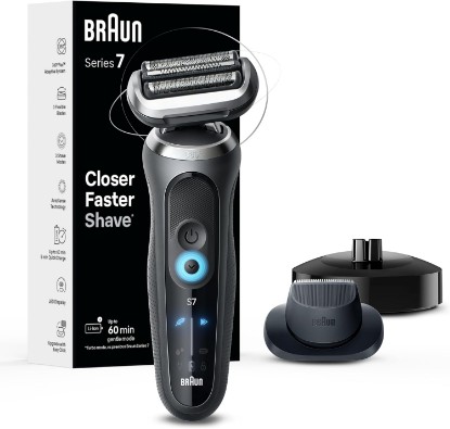Picture of Braun Series 7 Electric Shaver for Men, Wet & Dry Foil Razor, Precision Trimmer Attachment, Charging Stand, Travel Case, Space Grey 7127cs GreenCircle Certified: Certified Energy Savings