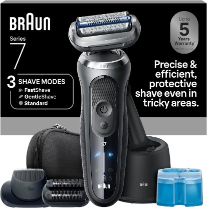 Picture of Braun Series 7 Electric Shaver for Men, Wet & Dry Foil Razor, 4-in-1 SmartCare Clean & Charge Center, Beard Trimmer Attachment, Stubble Attachment, Travel Case, Grey 7185cc GreenCircle Certified: Certified Energy Savings