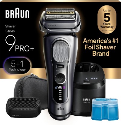 Picture of Braun Series 9 PRO+ Electric Shaver for Men, Wet & Dry Foil Razor, 6-in-1 SmartCare Clean & Charge Center, Built-in Precision ProTrimmer, ProComfort Attachment, Travel Case, Silver 9697cc