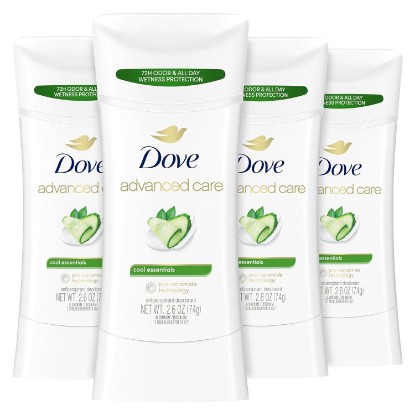 Picture of Dove Advanced Care Antiperspirant Deodorant Stick Cool Essentials 4 ct for helping your skin barrier repair after shaving 72 hour odor control and sweat protection with Pro Ceramide Technology 2.6 oz | Advanced Care 72 hour sweat and odor protection