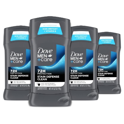 Picture of Dove Men+Care Deodorant Stick Stain Defense Clean, 4 Count 2.7 oz | For Men, Anti-white Marks & Anti-yellow Stains with 72-hour Sweat and Odor Protection