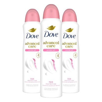 Picture of Dove Advanced Care Antiperspirant Deodorant Spray Powder Soft 3.8 oz 3PK | To help skin barrier repair after shaving 72 hour antiperspirant deodorant for soft underarms with boosted ceramide levels