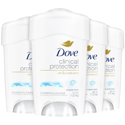 Picture of Dove Deodorant for Women, Clinical Protection Antiperspirant, Original Clean 4-Pack – Prescription Strength Wetness Defense with ¼ Moisturizers, 1.7 Oz Ea