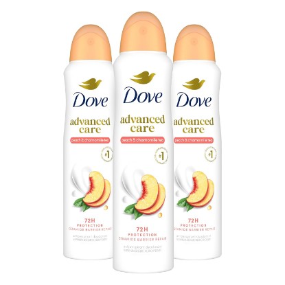 Picture of Dove Advanced Care Antiperspirant Spray Peach & Chamomile 3.8oz 3PK | Advanced Care underarm care boosts skin's ceramide levels 72hr odor control &all-day sweat protection ProCeramide technology