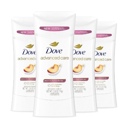 Picture of Dove Advanced Care Antiperspirant Deodorant Peach & Chamomile 2.6 oz 4PK | 72 hour sweat and odor protection. Peach & Chamomile Tea Scent