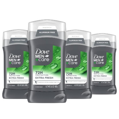 Picture of DOVE MEN Deodorant Stick for Men Extra Fresh 3 oz 4 Count | Aluminum Free 72-Hour Odor Protection with 1/4 Moisturizing Cream