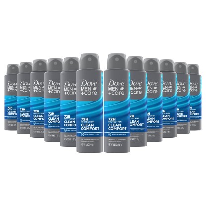 Picture of Dove Men+Care Antiperspirant Deodorant Clean Comfort, Pack of 12, Dry Spray For Men 72-hour Sweat and Odor Protection with Triple Defense Technology 3.8 oz