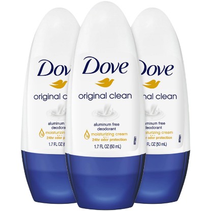 Picture of Dove Aluminum-Free Deodorant for Women, Original Clean Roll-On 3-Pack – ¼ Moisturizing Cream Formula with 24H Odor Protection, 1.7 Fl Oz Ea