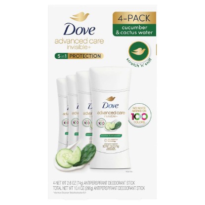 Picture of Dove Advanced Care Invisible+ Antiperspirant Deodorant Stick, Cucumber and Cactus Water, 2.6 oz, 4 ct