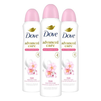 Picture of Dove Advanced Care Antiperspirant Spray Sakura Blossom & Yuzu 3.8oz 3PK | 72 hour sweat and odor protection. Sakura Blossom & Yuzu Scent