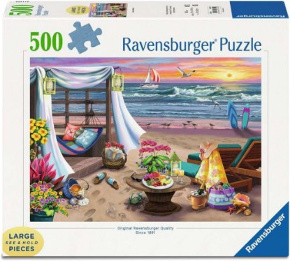 Picture of Ravensburger Cabana Retreat - 500 Piece Large Format Jigsaw Puzzle - Enjoy Peaceful, Salty Breezes and a Stunning Ocean Sunset - Frameable - Premium Quality - Puzzles for Adults The Forest Stewardship Council