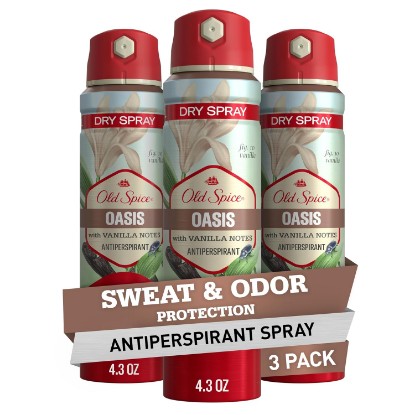 Picture of Old Spice Dry Spray Antiperspirant Deodorant for Men, 24/7 Freshness, 24/7 Sweat & Odor Protection, Gentle on Skin with Skin Conditioners, Oasis with Vanilla + Argan Oil, 4.3 oz (Pack of 3)