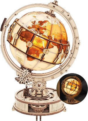 Picture of ROKR 3D Wooden Puzzles for Adults Illuminated Globe with Stand 180pcs 3D Puzzles Built-in LED Model Kit Hobby Gifts for Adults Home Decor