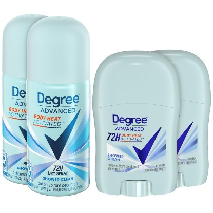 Picture of Degree Women Travel Deodorant, Mini Shower Clean, Spray & Stick 4-Pack | Travel-Size Deodorant Spray and Stick Bundle | 72H Non-Stop Odor & Sweat Protection | Body Heat Activated | Fresh Scent