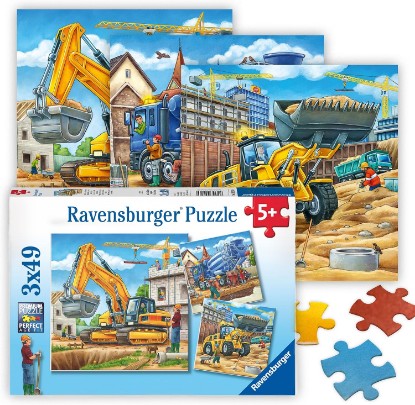Picture of Ravensburger Large Construction Vehicles - 49 Piece Jigsaw Puzzle 3 Pack Set - Bright Loaders, Trucks & More - Larger Pieces - Premium Quality - Ideal Gift - Screen-Free Fun - Children Age 5+ The Forest Stewardship Council