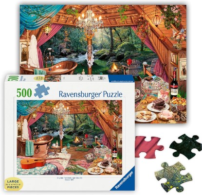 Picture of Ravensburger Cozy Glamping - 500 Piece Large Format Jigsaw Puzzle - Quaint, Inviting Image of the River from a Rustic Cabin - Frameable - Premium Quality - Puzzles for Adults The Forest Stewardship Council