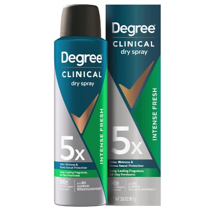 Picture of Degree Clinical Antiperspirant Deodorant Dry Spray, Intense Fresh, 3.8 oz | For busy days, provides 96-hour sweat and odor protection across 5 types of sweat.