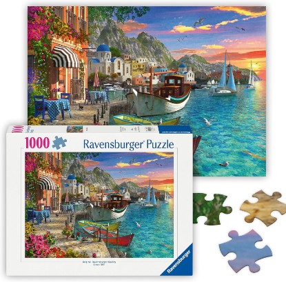 Picture of Ravensburger Grandiose Greece - 1000 Piece Jigsaw Puzzle - Stunning, Exciting Coastal Sunrise Over Town - Bold Colors - Enticing Scene - Ideal Gift - Frameable Art - Puzzles for Adults The Forest Stewardship Council