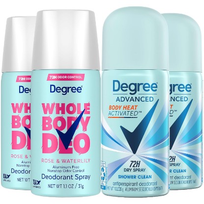 Picture of Degree Travel Deodorant Sprays Variety 4-Pack – Whole Body Spray, Rose & Waterlily + Antiperspirant Deodorant Dry Spray, Shower Clean, 72H Odor Control