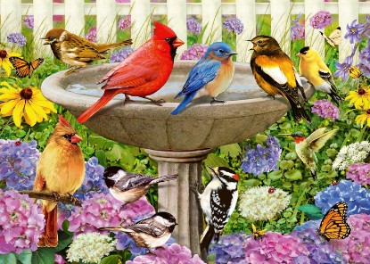 Picture of Ravensburger at The Birdbath - 500 Piece Large Format Jigsaw Puzzle - Enjoy Peace & Tranquility While Birds Flit and Flutter - Frameable - Premium Quality - Puzzles for Adults The Forest Stewardship Council