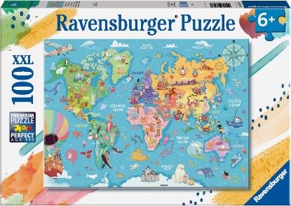Picture of Ravensburger World Map - 100 Piece Jigsaw Puzzle - XXL Pieces for Easy Assembly - Exciting, Bold and Colorful Imagery of Our World - Premium Quality - Ideal Gift - Screen-Free Fun - Children Age 6+ | 100 piece XXL puzzle from the world map, educational and fun, ideal as an original gift for children from 6 years. The Forest Stewardship Council